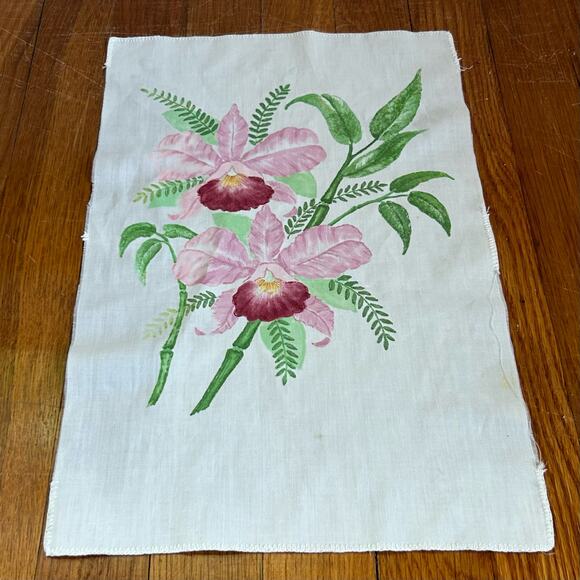 Vintage Hand Painted floral Pink Iris Artwork on Cotton - Picture 6 of 9